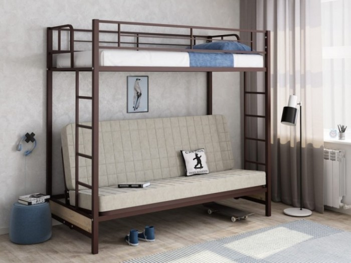 двухъярусная кровать с диваном Мадлен коричневая с бежевым