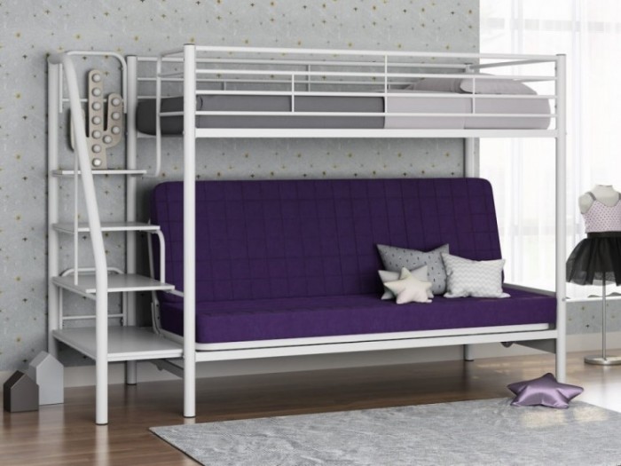 двухъярусная кровать с диваном Мадлен-3 белый / фиолетовый / белый