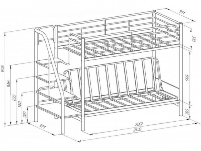 двухъярусная кровать с диваном Мадлен-3 размеры